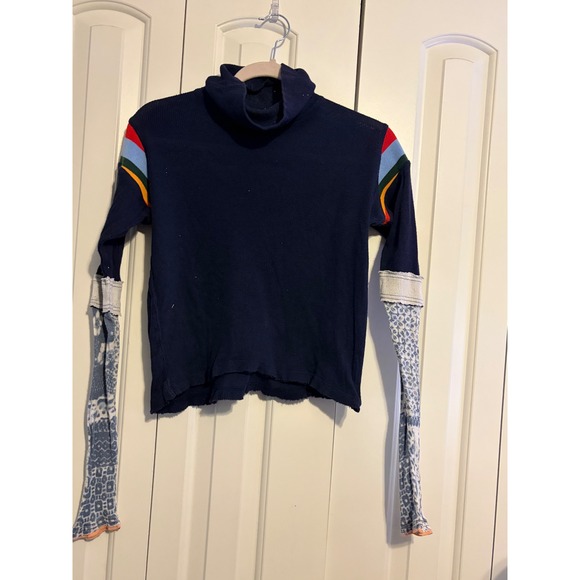 We The Free People Navy Ribbed Turtleneck Rainbow Stripe Mixed Media Top XS - Picture 2 of 6